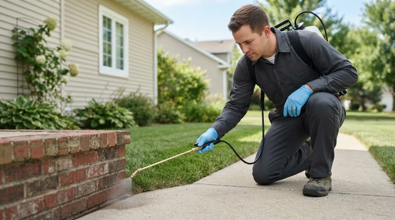 Pest control technician treating a home near Wataga, IL